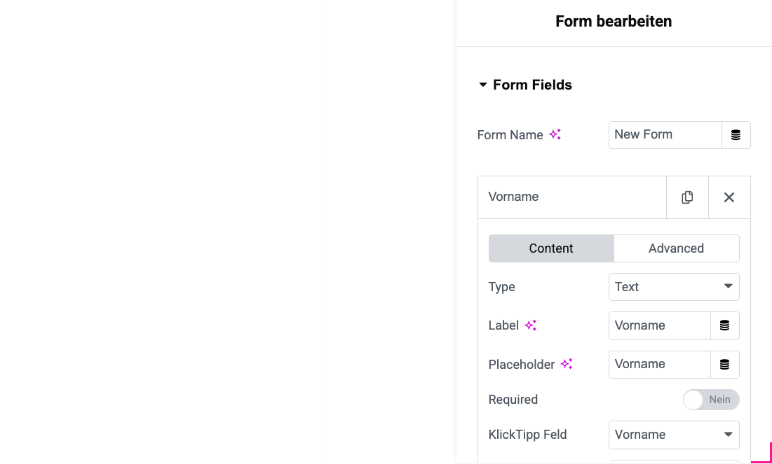 Screenshot: Elementor KlickTipp Connector im WordPress Editor